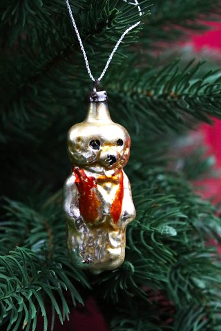 Gammelt glas juletræspynt i form af lille bamse i guld fra 50érne...