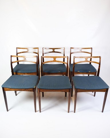 Sæt Af 6 Spisestuestole - Model 94 - Palisander & Blåt Stof - Johannes Andersen 
- Chr. Linneberg Møbelfabrik - 1960erne
God Stand
