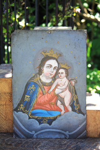 Tidligt 1800 tals Madonna maleri malet på metalplade med motiv af Jomfru Maria 
med Jesusbarnet...