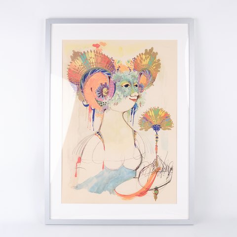 Serigrafisk Plakat Af Bjørn Wiinblad - Motiv Af Kvinde Med Vifte - Signeret - 1970erne