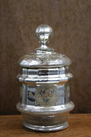 Rare 19th century lidded jar in Mercury Glass, decorated with hand-painted floral motif...