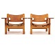 Pair of early Børge Mogensen Spanish Chairs with patinated oak and leather
