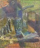 Europæisk kunstner, abstrakt oliemaleri på plade, signeret.