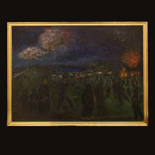 Jens Søndergaard: "Brennendes Haus". Öl auf Leinen. Signiert und datiert 1931. Lichtmasse: 96x122cm. Mit Rahmen: 102x128cm