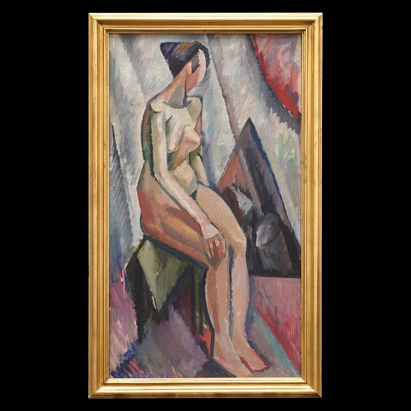William Scharff, 1886-1959, Öl auf Leinen. Kubistisches Porträt von einer Frau. Signiert um 1915-20. Lichtmasse: 80x44cm. Mit Rahmen: 89x53cm