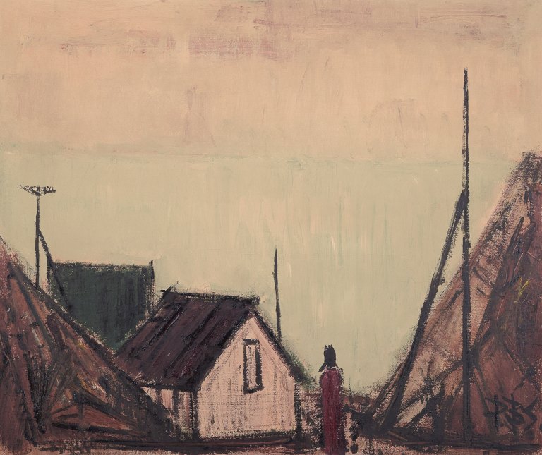 Peder Brøndum Sørensen (1931-2003), dansk maler, olie på lærred.”Huse ved havet”.