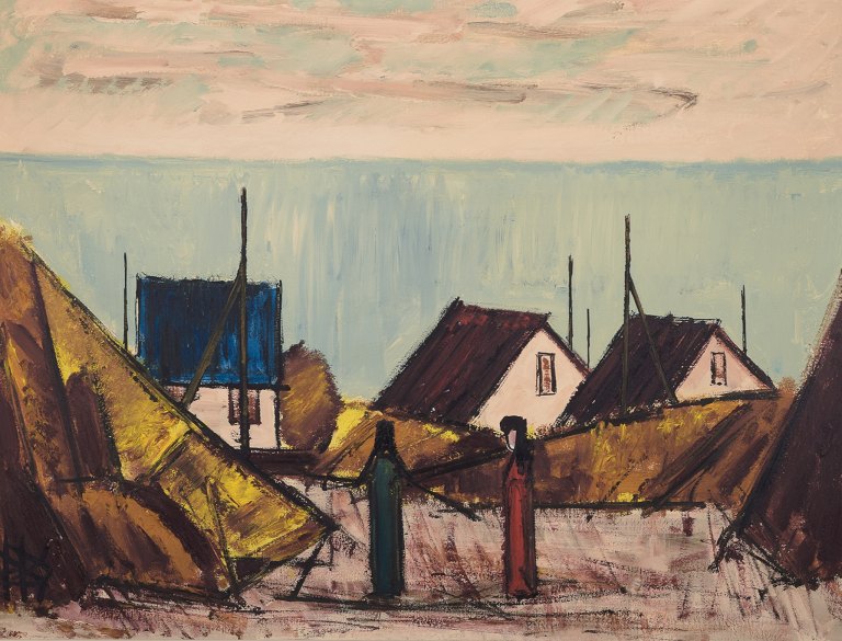 Peder Brøndum Sørensen (1931-2003), Danish painter, oil on canvas."Houses by the Sea".