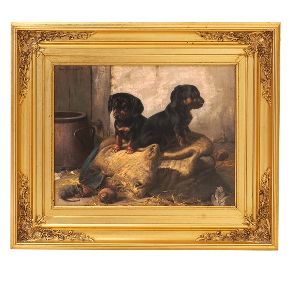 Simon Simonsen, 1841-1928, oil on canvas. Two dogs. Signed and dated 1889. Visible size: 31x39cm. With frame: 50x58cm
