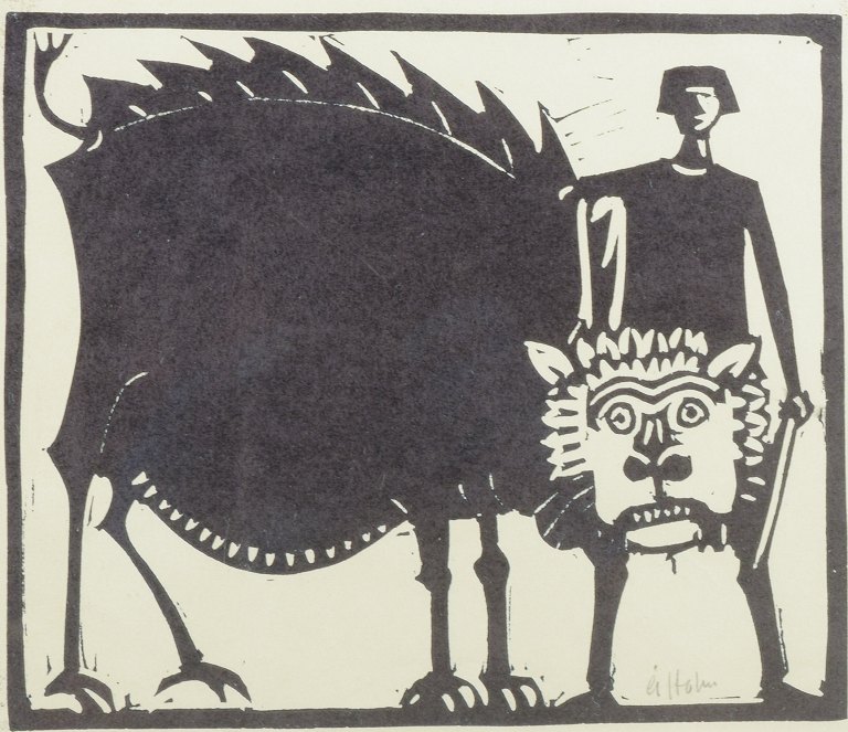 Åke Holm, Sverige.Træsnit, Daniel i løvekulen, 1970’erne.