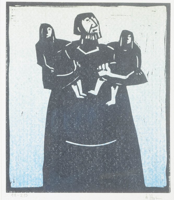 Åke Holm, Sverige.Træsnit, "Laban och hans döttrar", 1978.