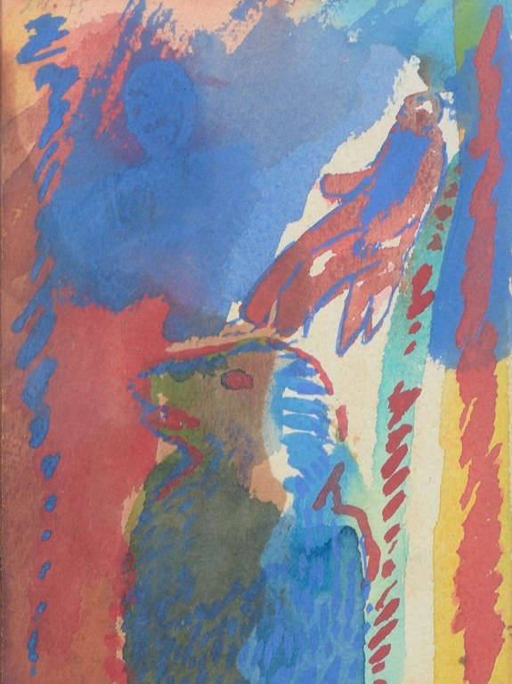 Jens Birkemose, Danmark.Akvarel på papir med fuglemotiv, 1975.