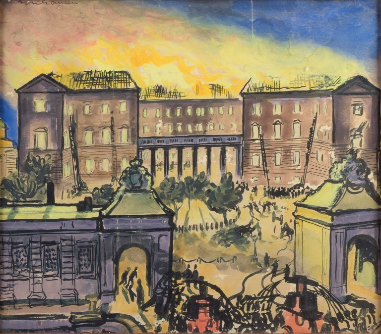 Anton Hansen.Watercolor.Christiansborg Palace in Copenhagen during the great fire of 1884.