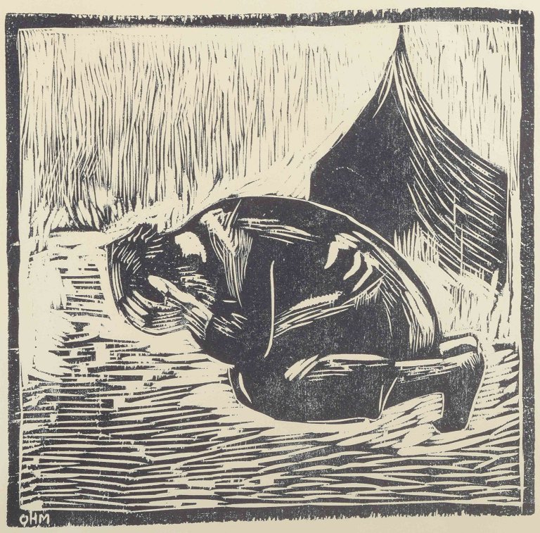Olivia Holm-Møller, Danmark.Træsnit med figur i knælende stilling foran telt. Signeret med monogram "OHM".
