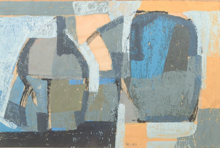 Unknown Scandinavian artistAbstract composition.Mixed media on paper, signed and dated “ie. 57”.