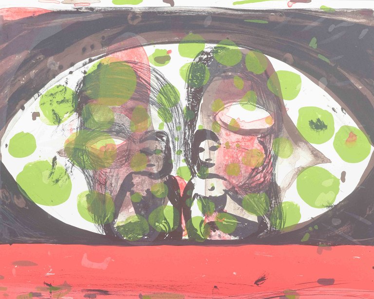 Tal RAbstrakt komposition med figurer.Litografi i farver.