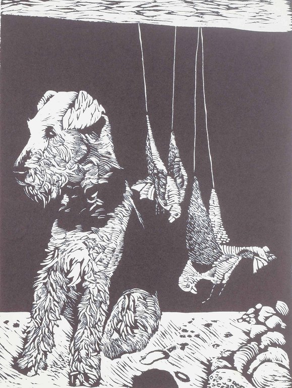 Birthe Kronkvist (b. 1946)Color lithograph with dog and game.1979.