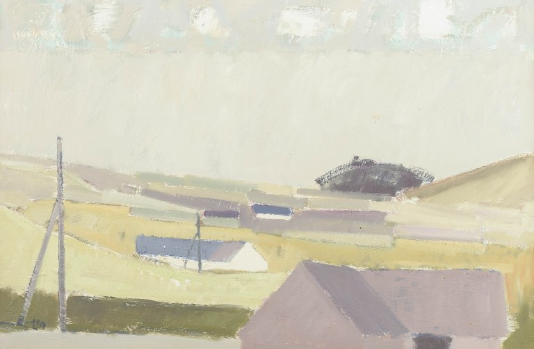 Leon Møller, Danish artist.Landscape with houses.Oil on canvas.An atmospheric l