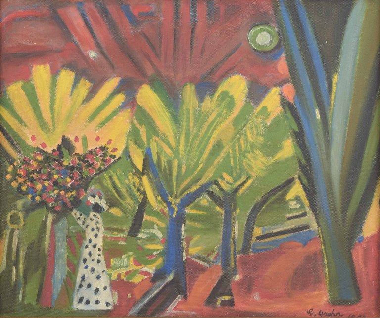 C. Grahn, Swedish artist.Abstract composition with trees and figure.Oil on panel.