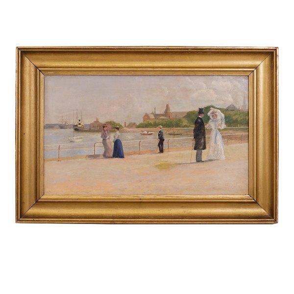 View from Langelinie, Copenhagen, oil on canvas, unknown artist. Visible size: 34x58cm. With frame: 49x73cm