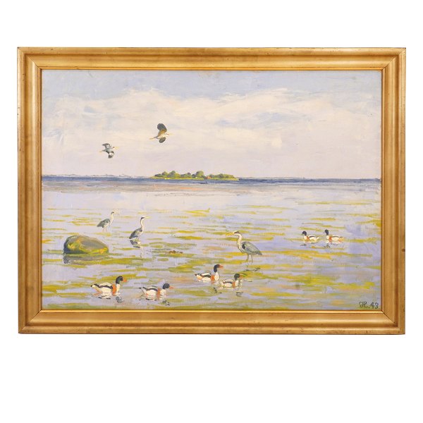Johannes Larsen, 1867-1961, oil on canvas. Danish landscape signed and dated 1943. Visible size: 59x83cm. With frame: 70x94cm