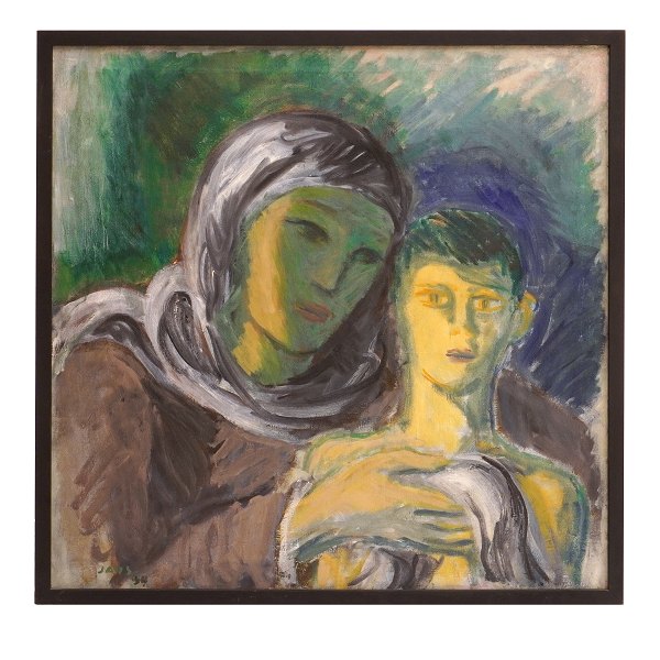 Jais Nielsen, 1885-1961, oil on canvas. Portrait with two persons. Signed and dated 1934. Visible size: 79x79cm. With frame: 84x84cm