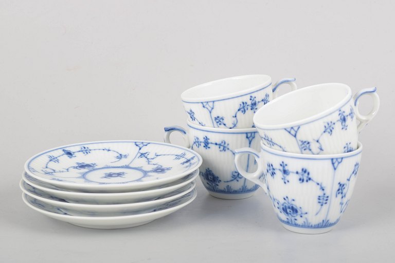 Royal Copenhagen Blue Fluted Plain, set of four coffee cups with matching saucers.
